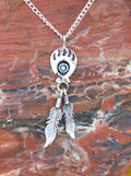 Sterling Silver Bear Paw Feather Native American Turquoise Pendant