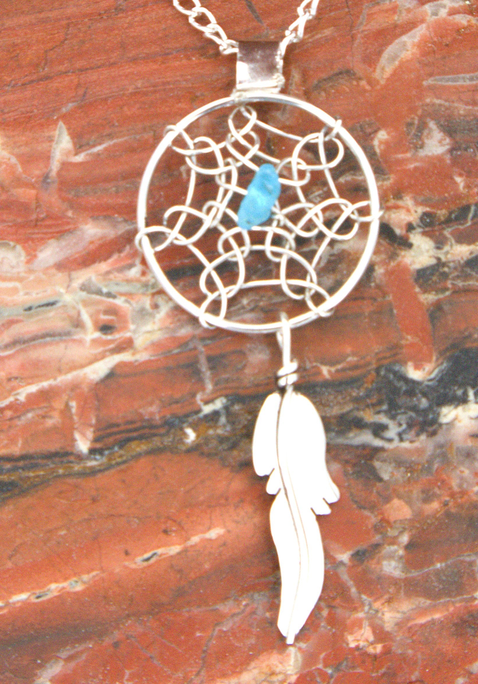 Sterling Silver Native American Dreamcatcher Feather Turquoise Pendant PE03