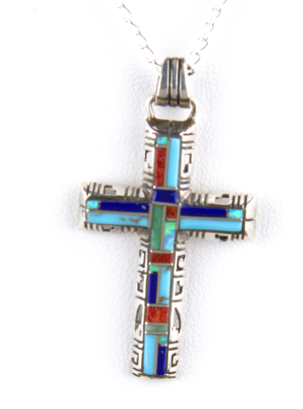 Sterling Silver Turquoise Lapis Coral Opal Cross Pendant PO09