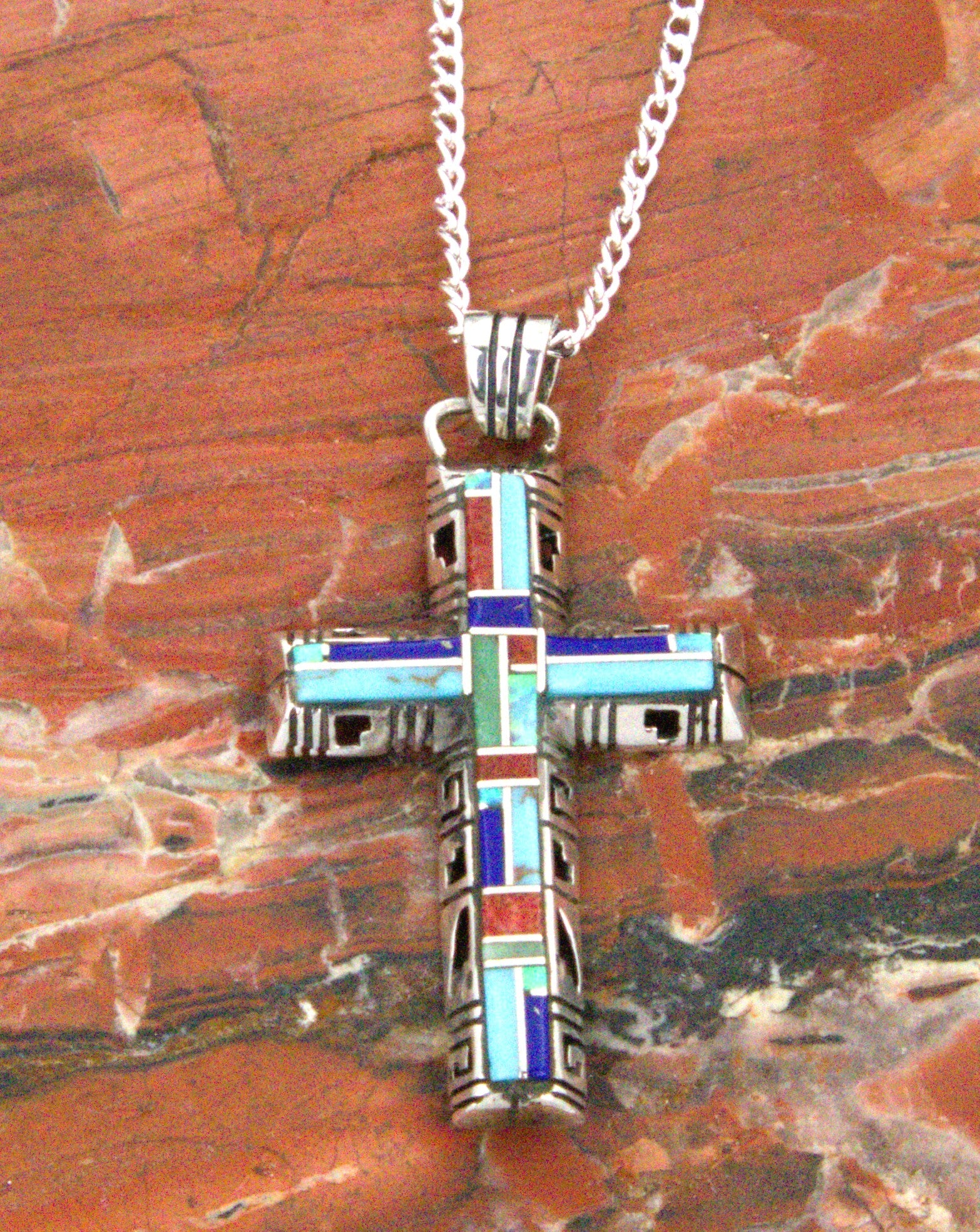 Sterling Silver Turquoise Lapis Coral Opal Cross Pendant PO09