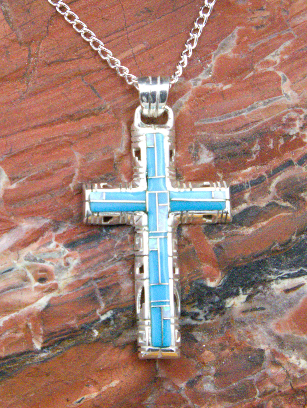 Turquoise and Opal Sterling Silver Cross Pendant  PO10