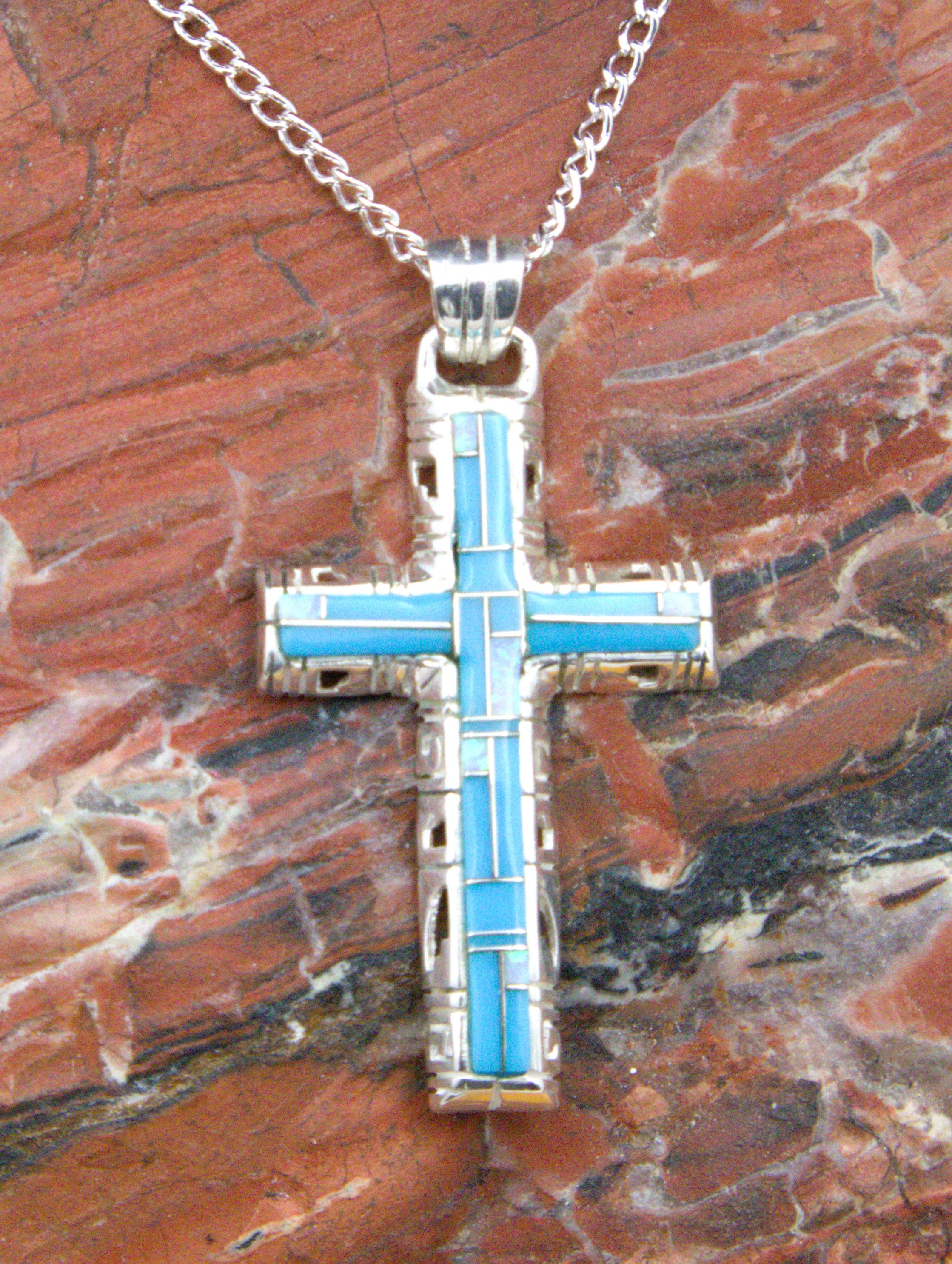 Turquoise and Opal Sterling Silver Cross Pendant  PO10