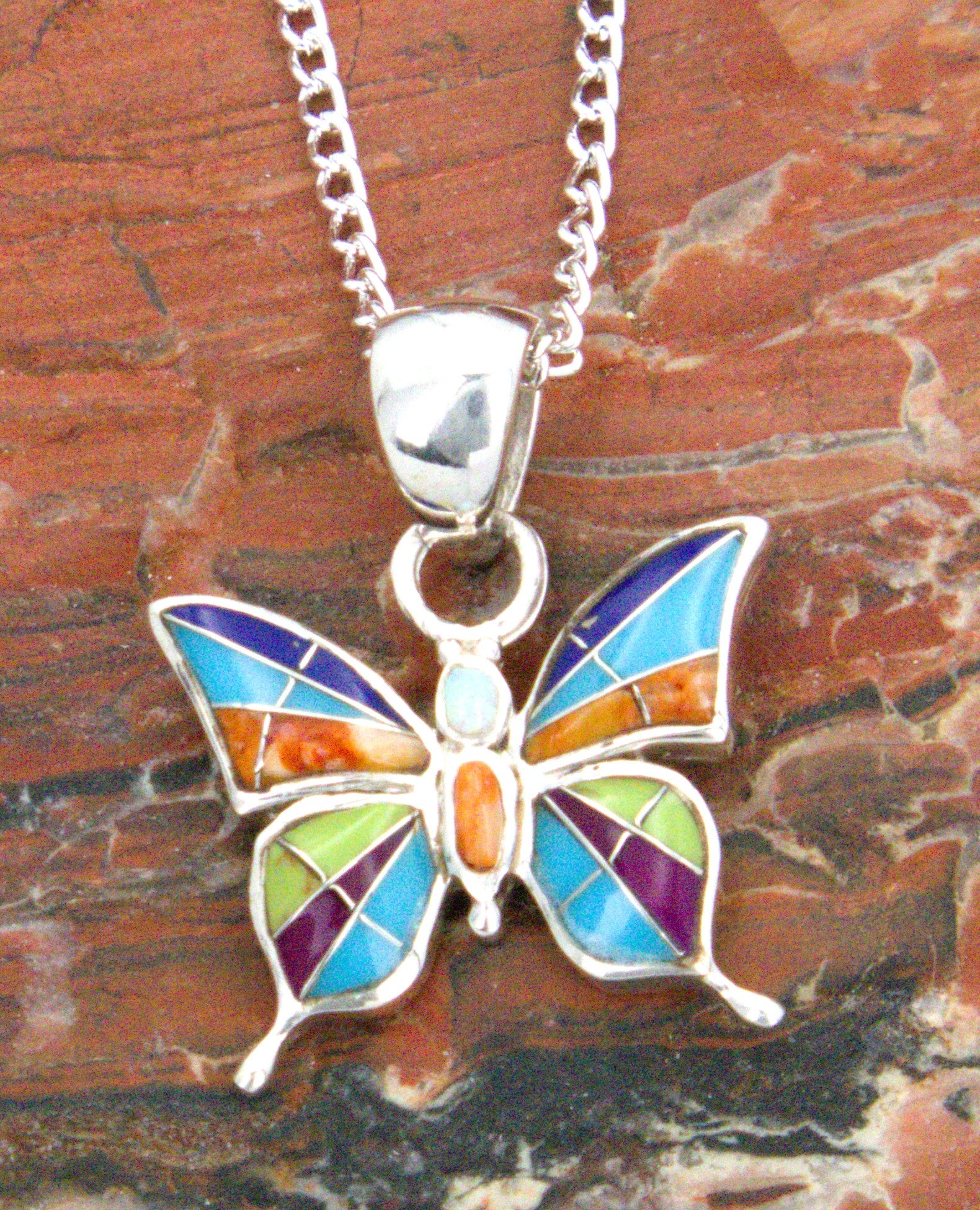 Sterling Silver Turquoise Spiny Oyster Lapis Sugalite Butterfly Pendant PO11