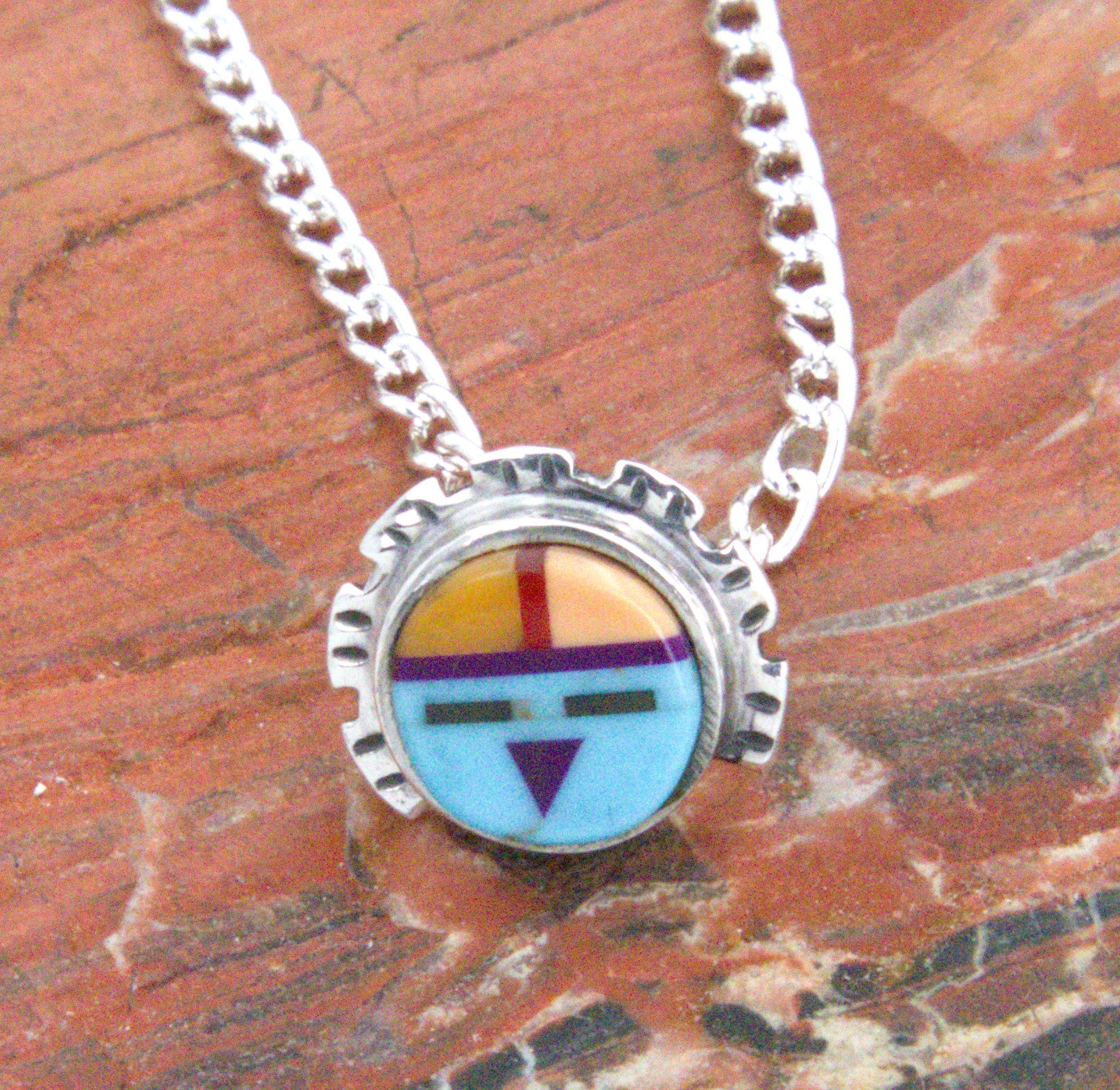 Turquoise Jewelry Sterling Silver Turquoise Coral Onyx Kachina Pendant PO17