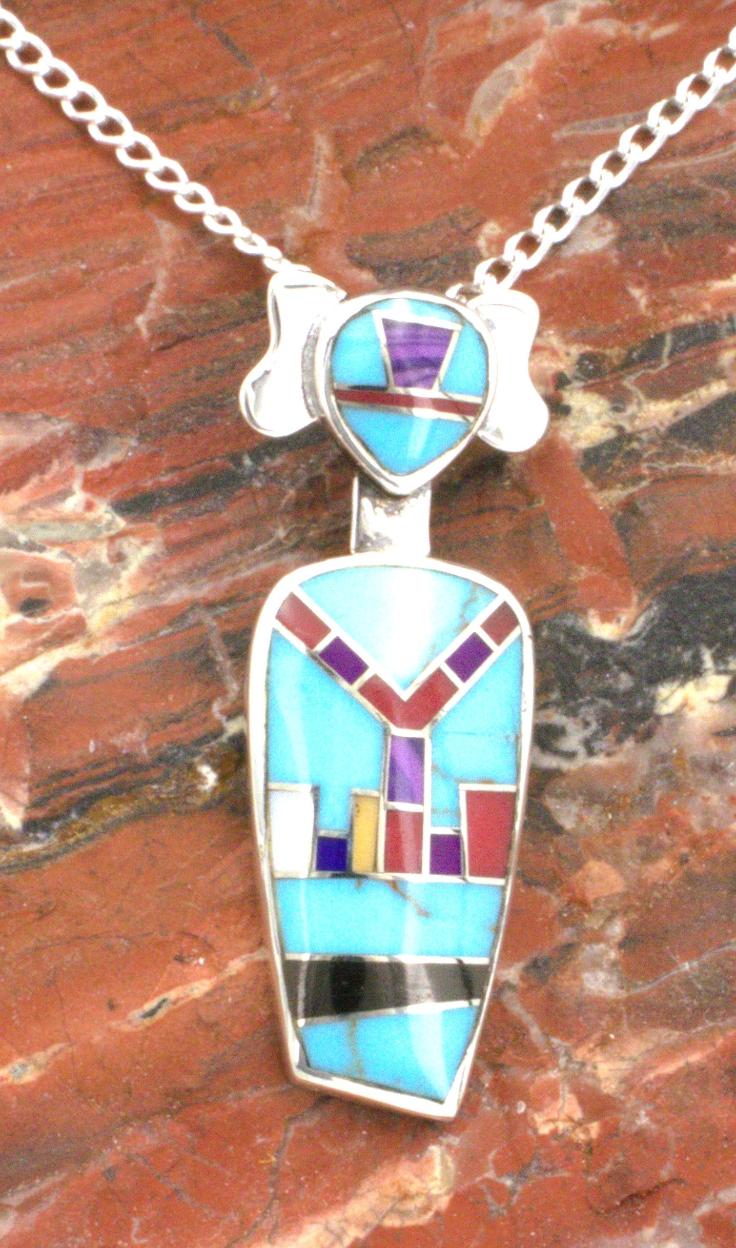Sterling Silver Turquoise Coral Onyx Kachina Pendant PO20