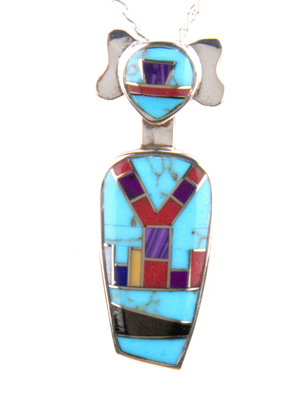 Sterling Silver Turquoise Coral Onyx Kachina Pendant PO20
