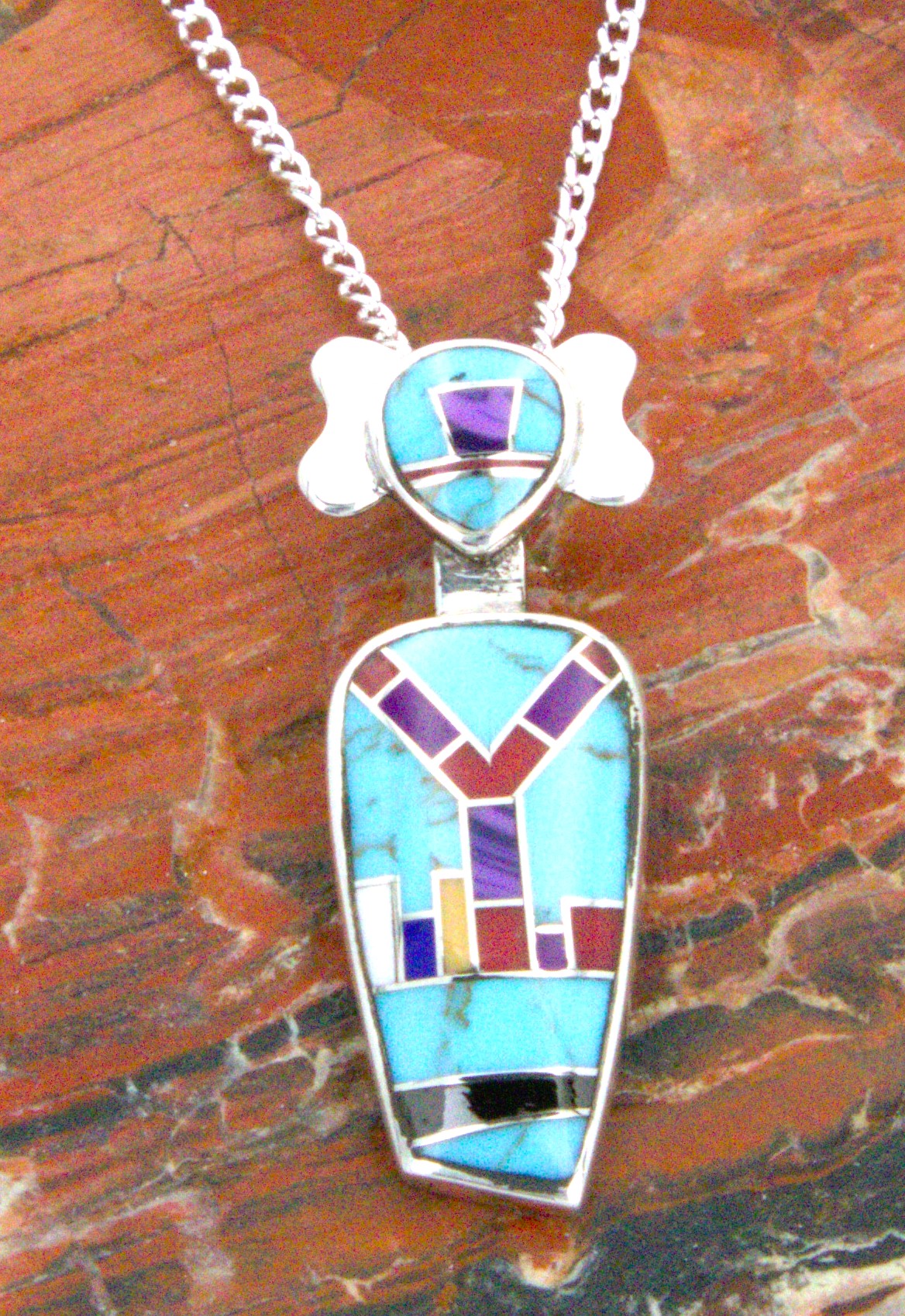 Turquoise Jewelry Sterling Silver Turquoise Coral Onyx Kachina Pendant PO20