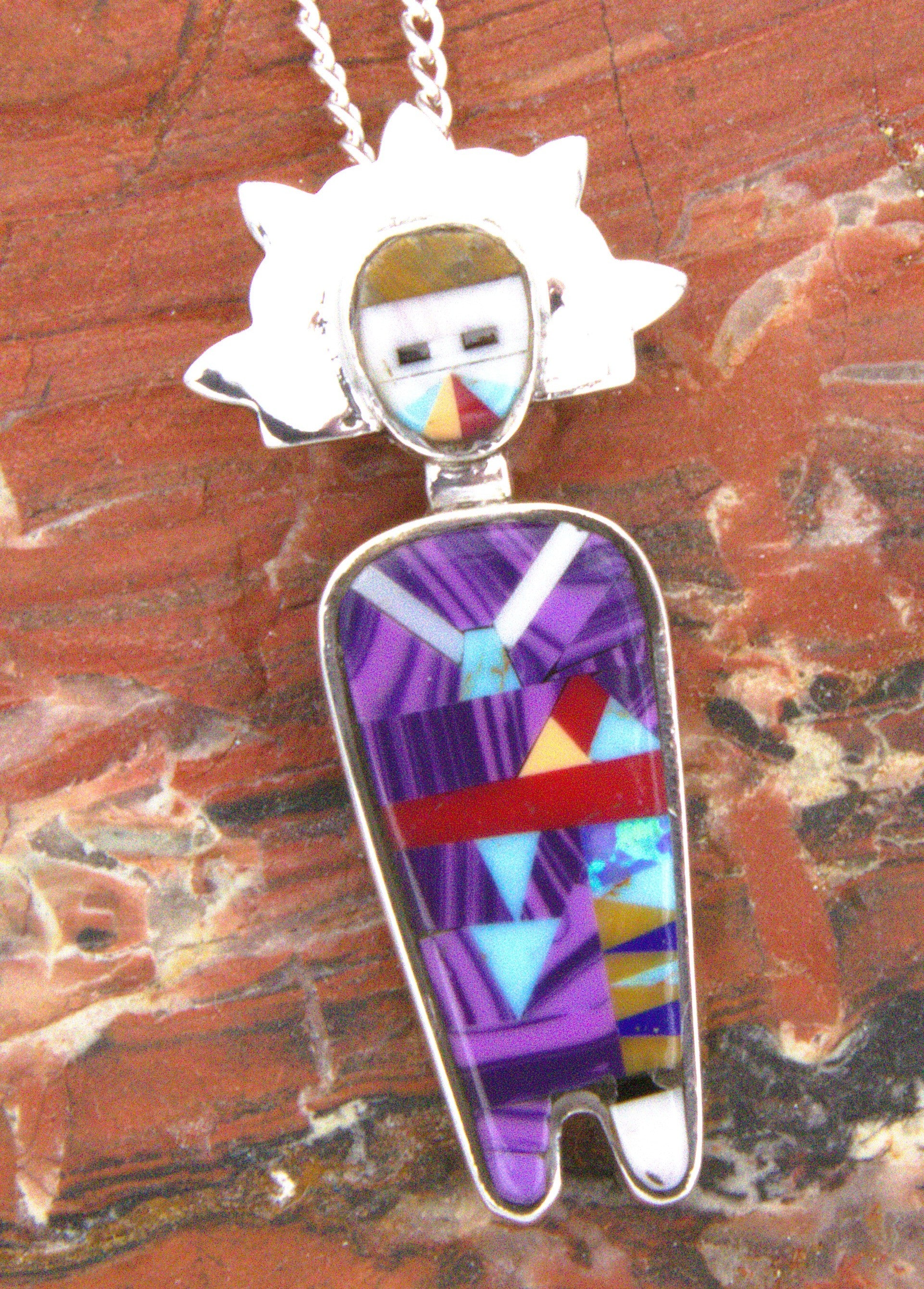 Sterling Silver Turquoise Coral Kachina Pendant PO21