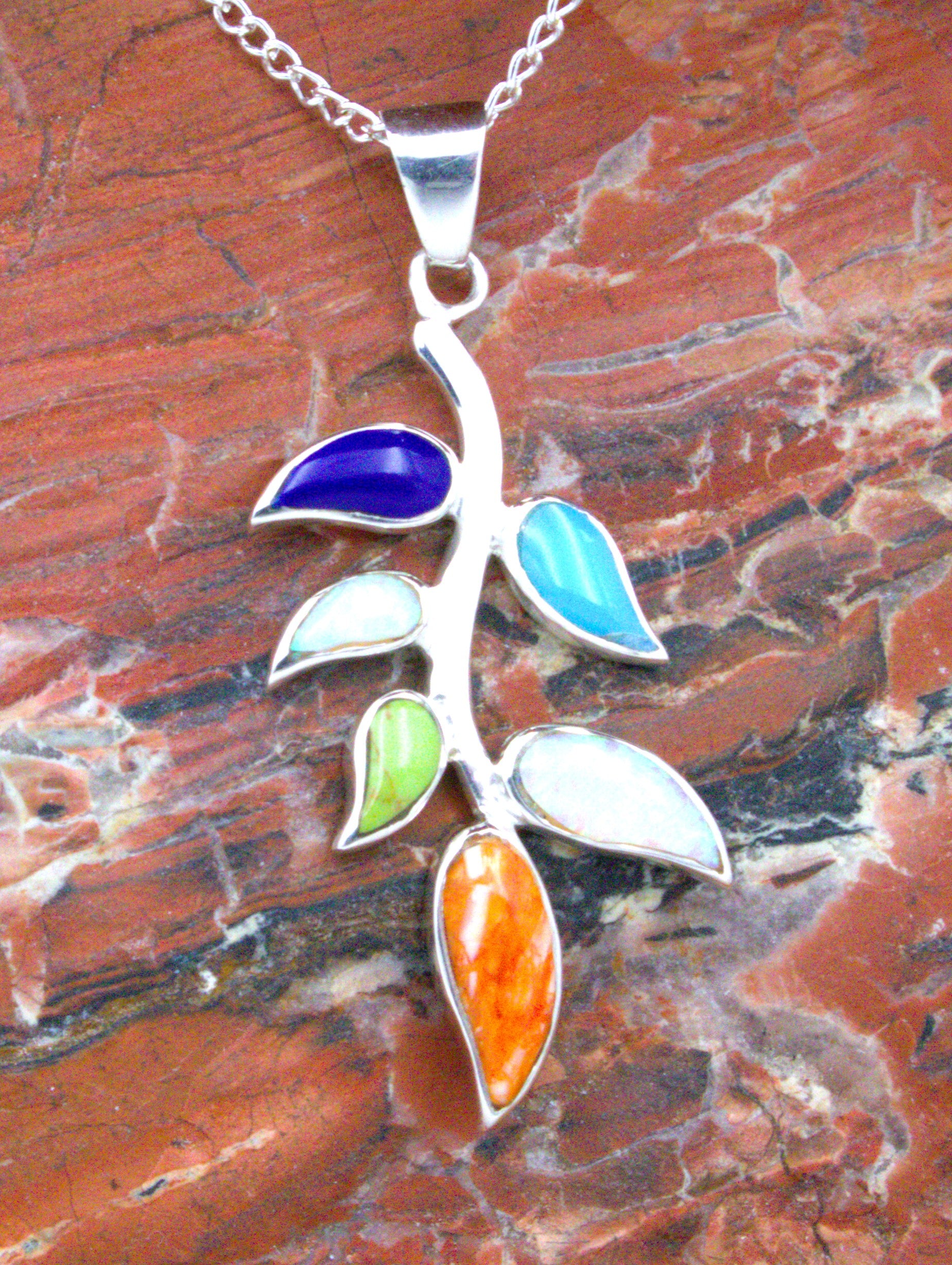 Turquoise Lapis Opal Leaf/Branch Pendant Necklace