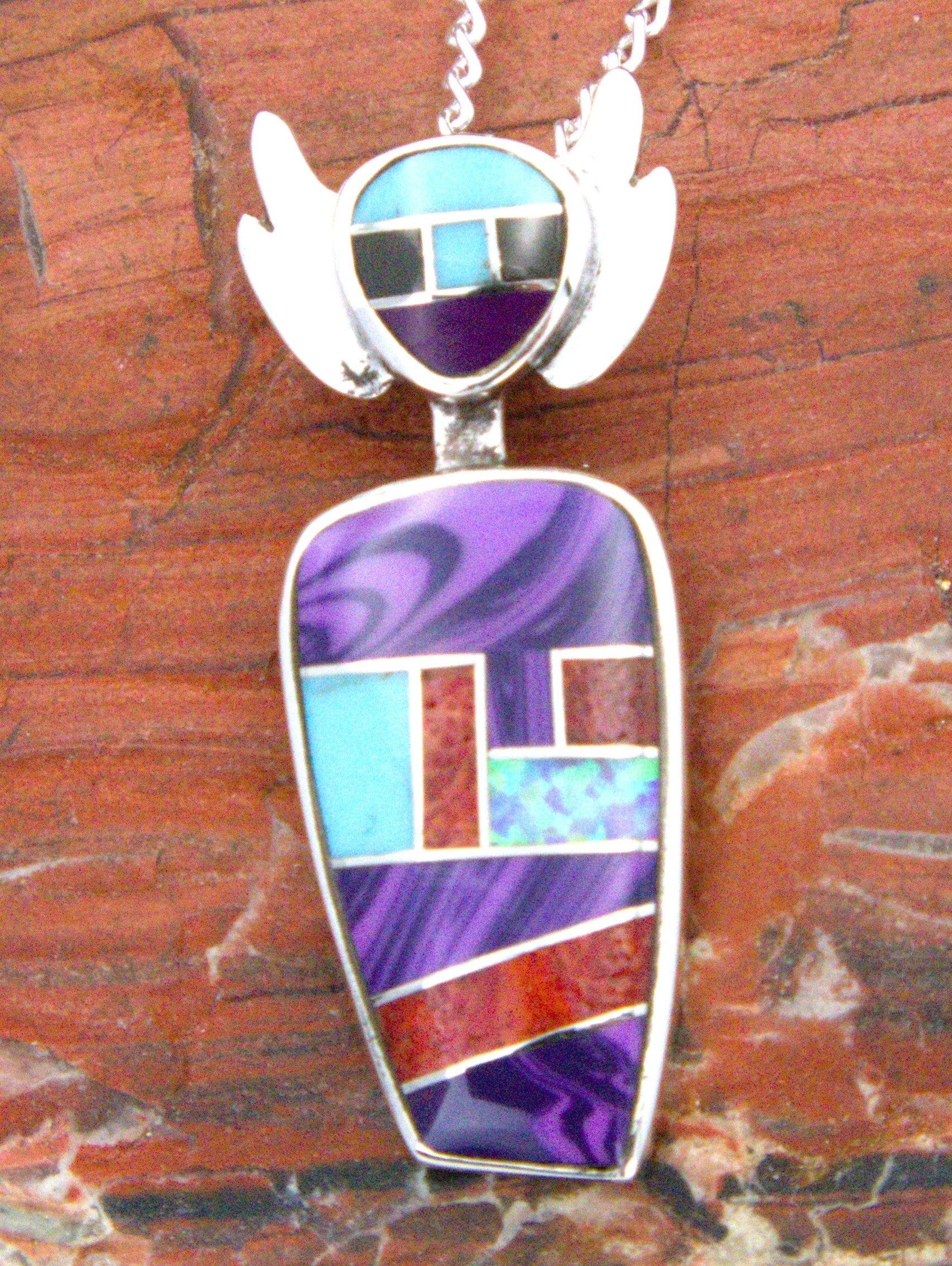 Sterling Silver Turquoise Coral Kachina Pendant PO30