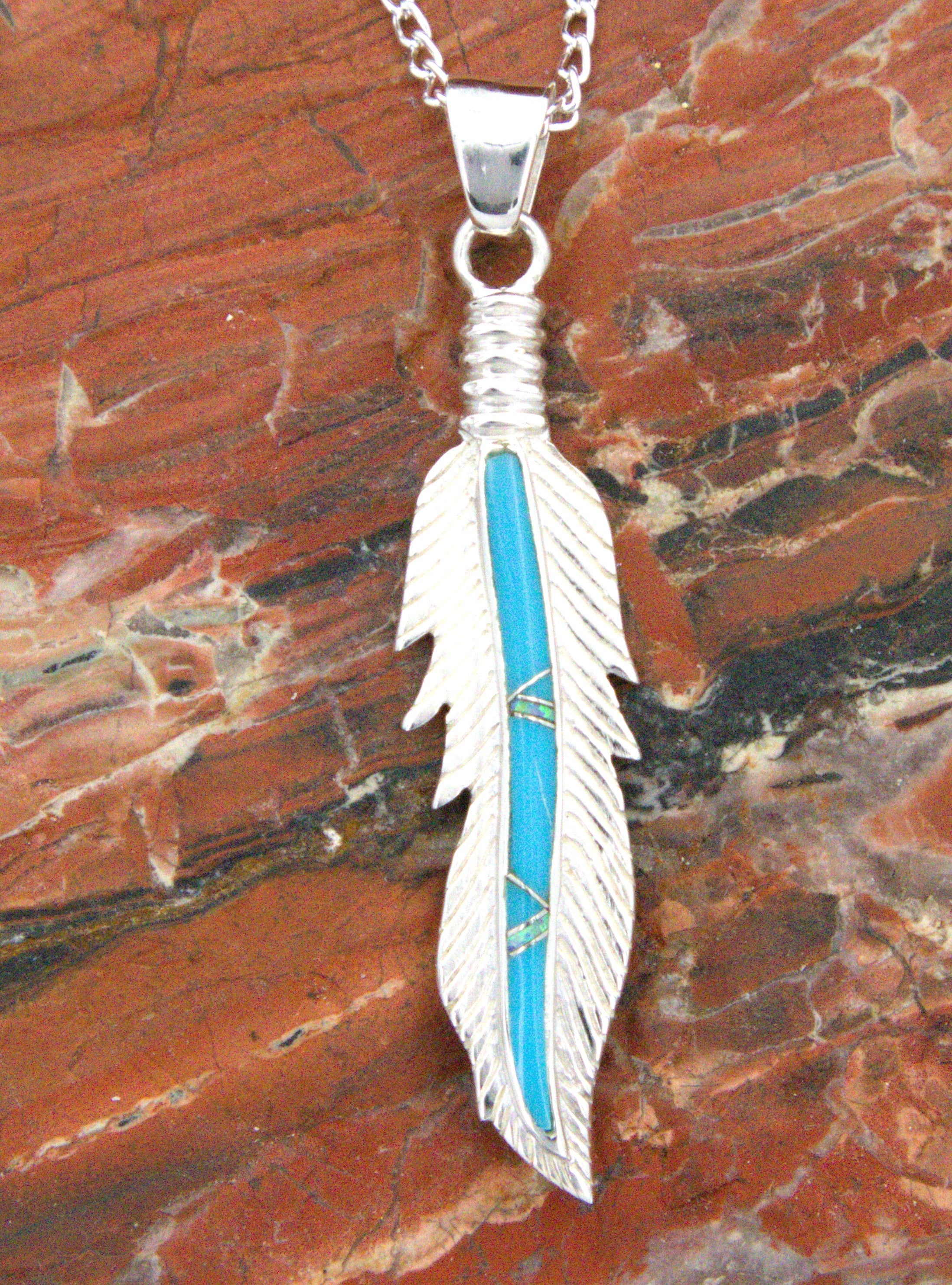 Sterling Silver Turquoise Feather Pendant PO34