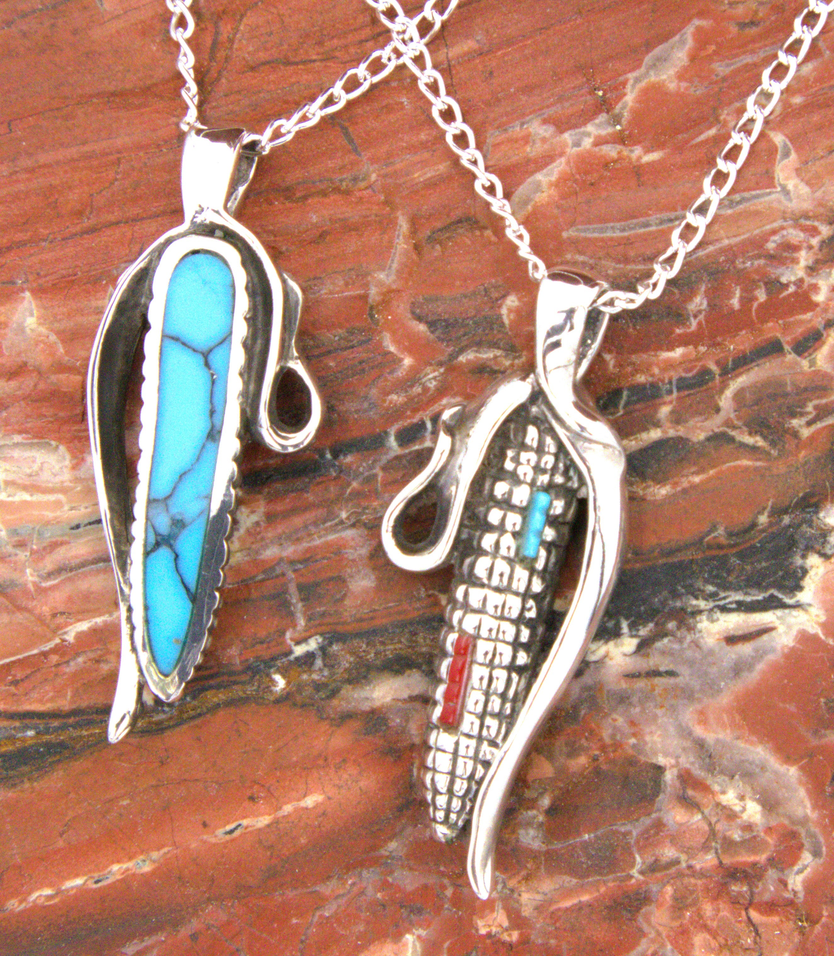 Turquoise Jewelry Sterling Silver Turquoise Coral Corn Pendant PO40