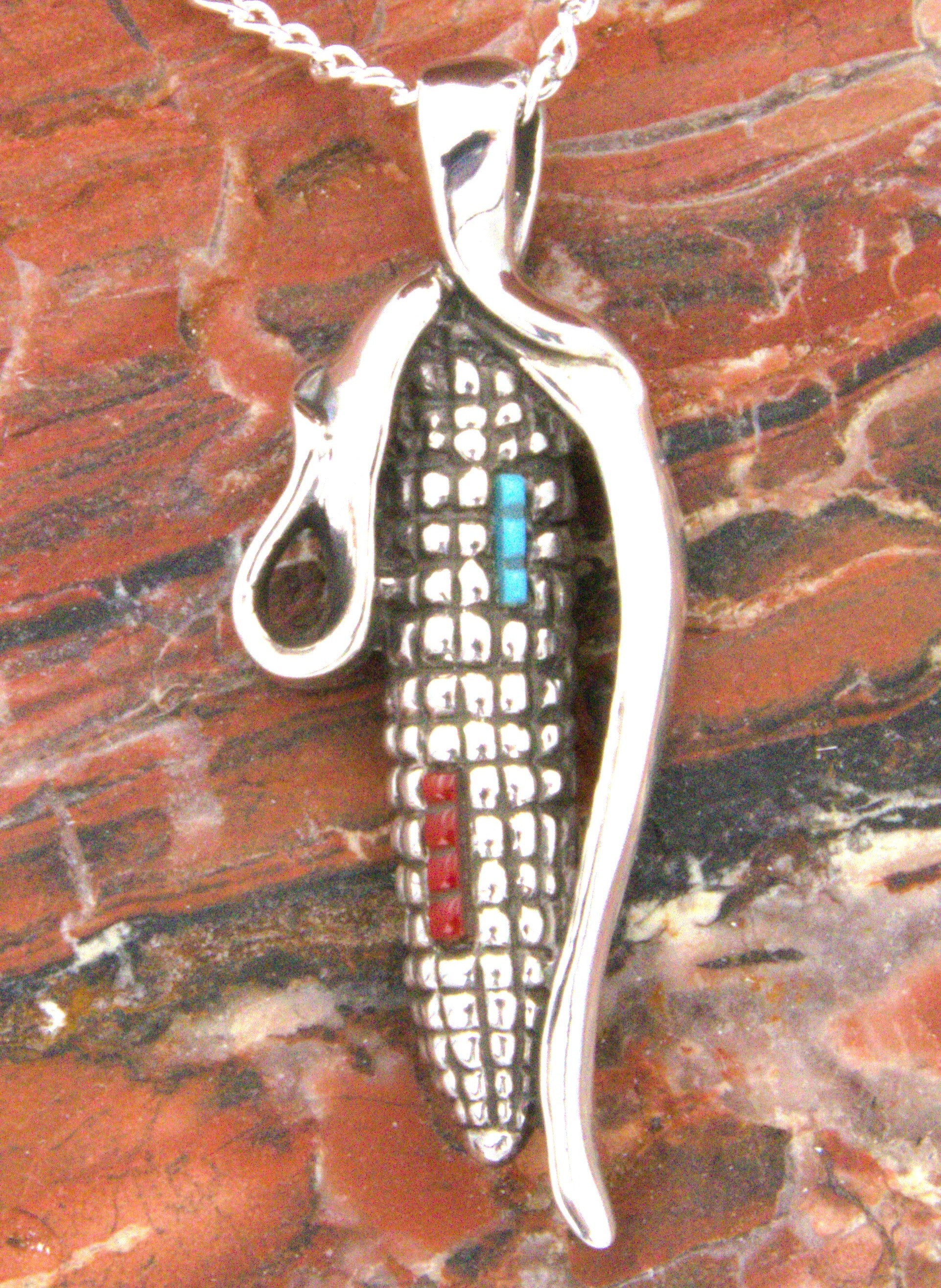 Turquoise Jewelry Sterling Silver Turquoise Coral Corn Pendant PO40