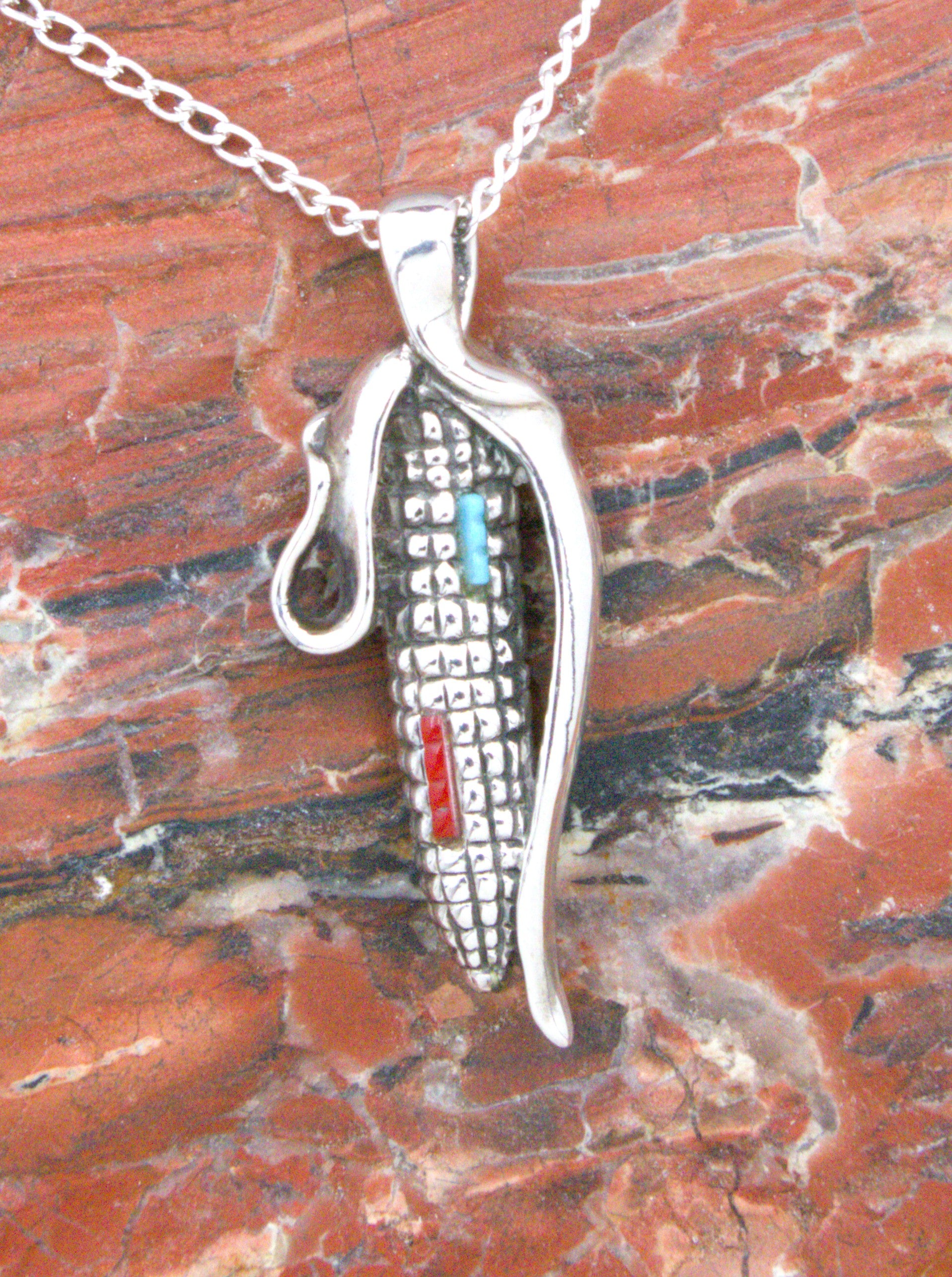 Sterling Silver Turquoise Coral Corn Pendant  PO40