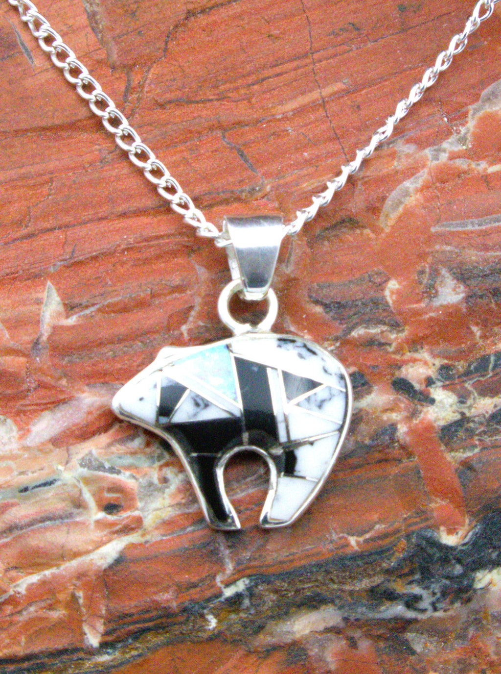 White Buffalo Turquoise Stylized Bear Pendant