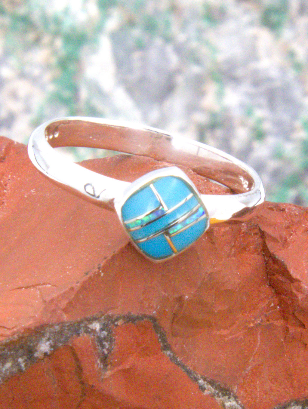 Turquoise and Opal Sterling Silver Inlay Ladies Ring  ROP6