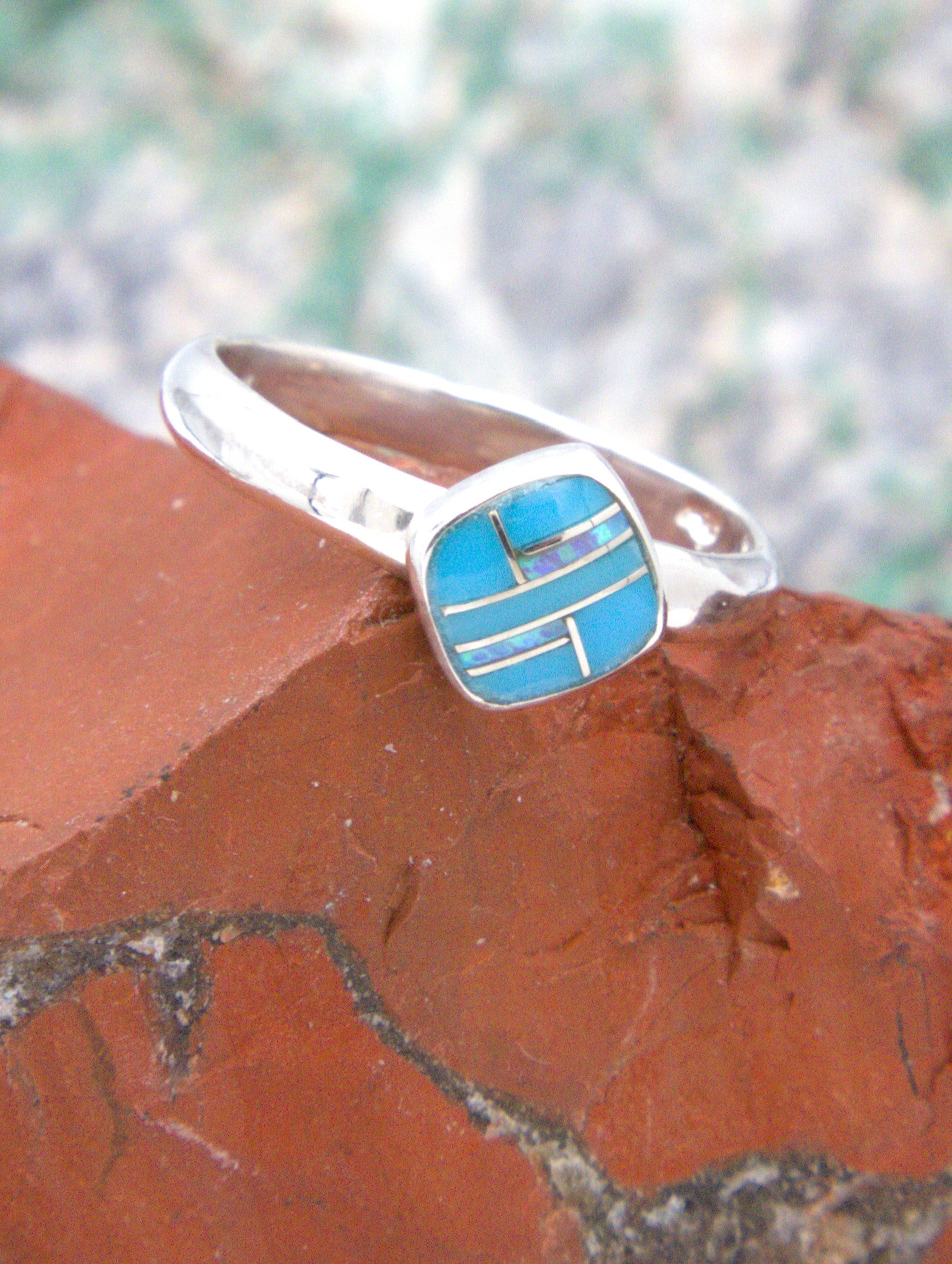 Turquoise and Opal Sterling Silver Inlay Ladies Ring  ROP6