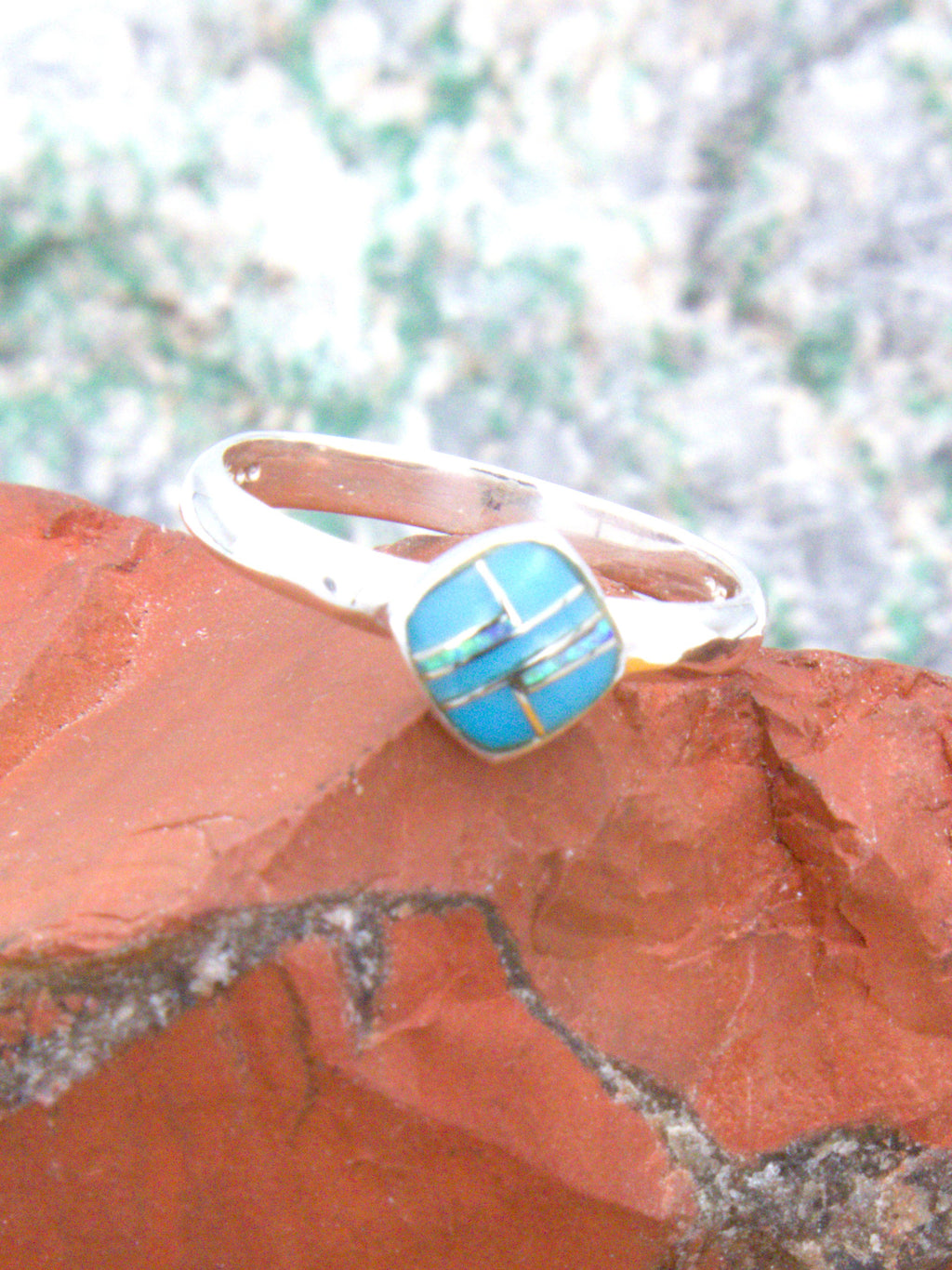Turquoise and Opal Sterling Silver Inlay Ladies Ring  ROP6